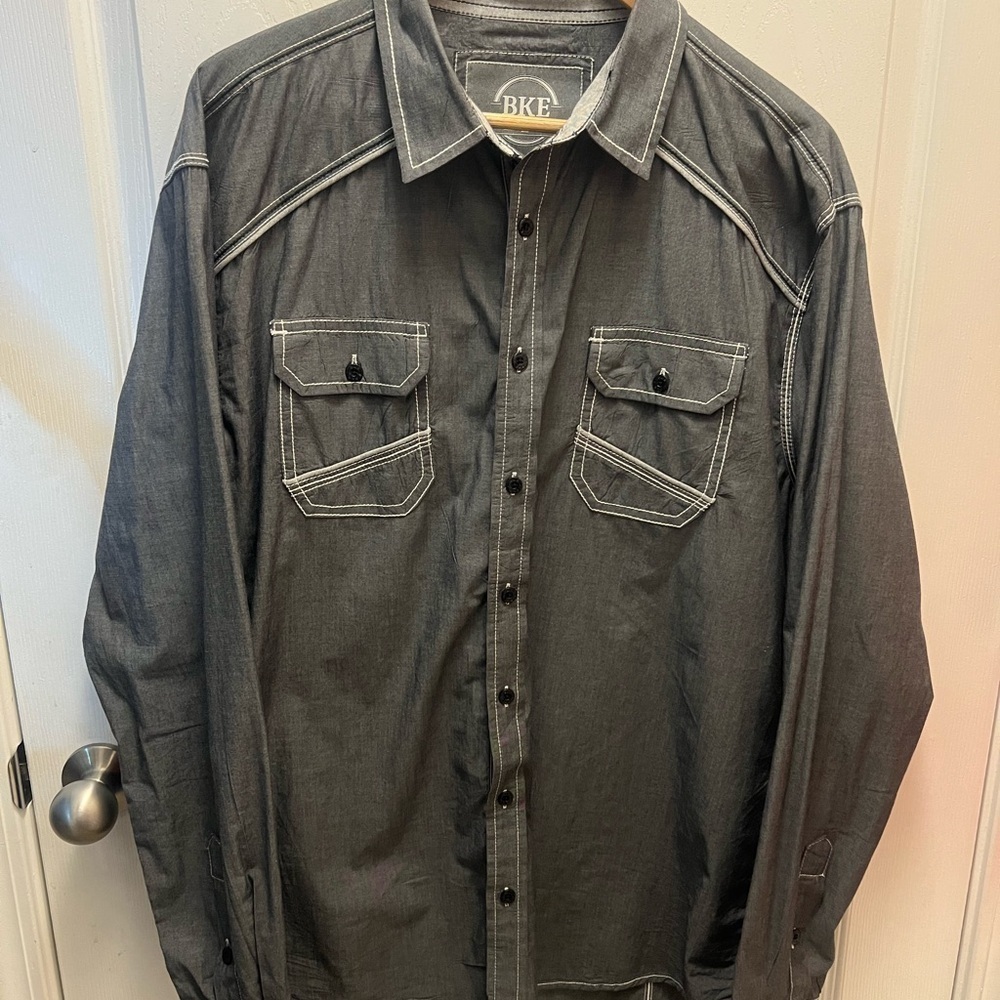 🔥 BKE Gray Denim Western Button Up Shirt XL Long Sleeve Casual Work Cowboy Rodeo